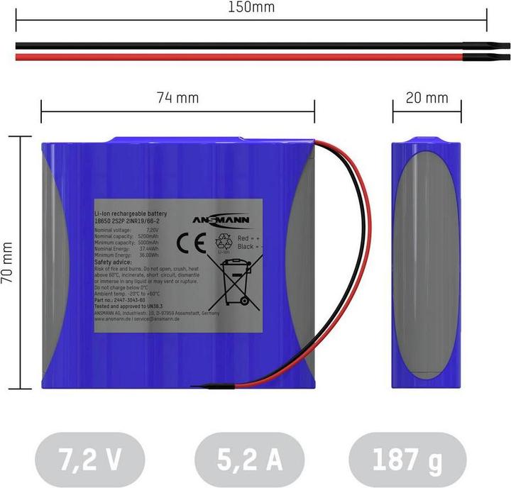 Actual product image Ansmann 2S2P Akkupack 4x 18650 Kabel Li-Ion 7.2V 5200mAh Akkupack 4x Li-Ion 7. (1 pcs., 18650, 5200 mAh)