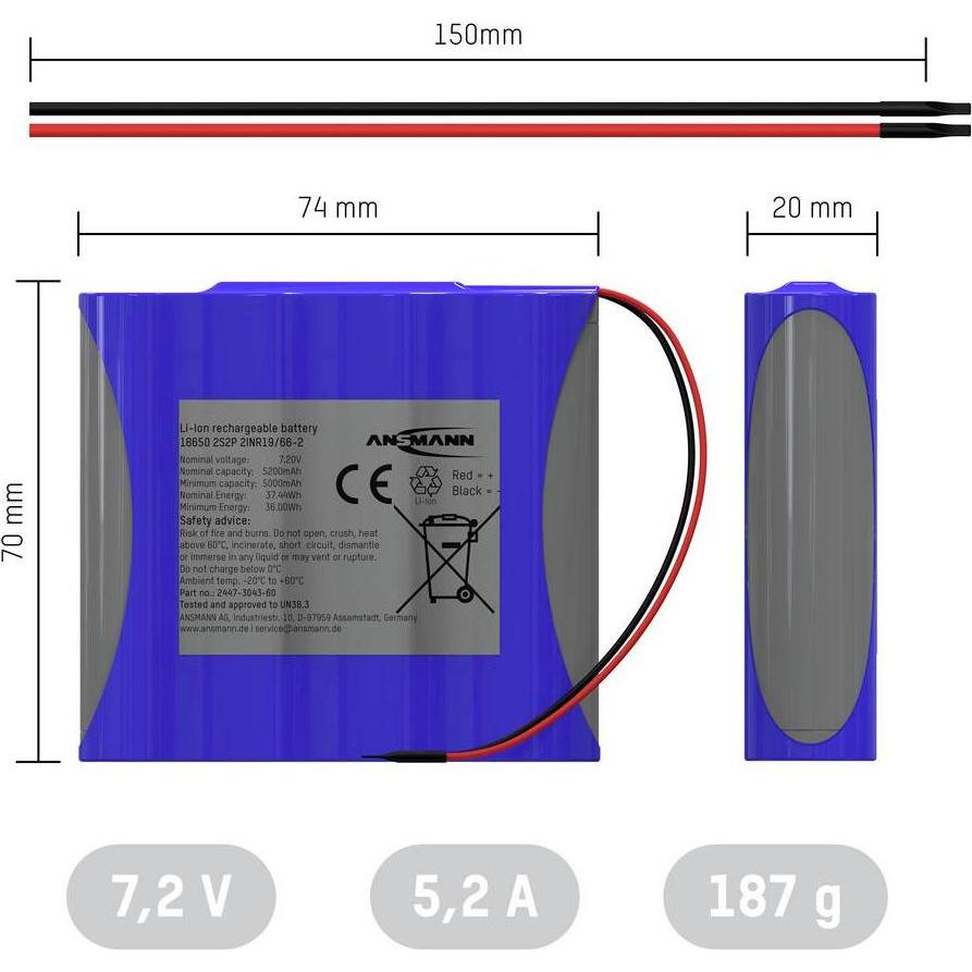 Ansmann 2S2P Akkupack 4x 18650 Kabel Li-Ion 7.2V 5200mAh Akkupack 4x Li-Ion 7. (1 pz., 18650, 5200 mAh), Batterie + pile