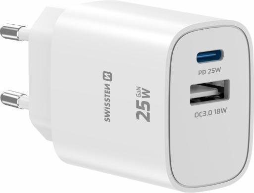 Produktbild Swissten Netzadapter EDGE GaN 25W, 2 Ports, 1x USB-C PD 25W + 1x USB-A 18W QC (25 W, 2 Ports)