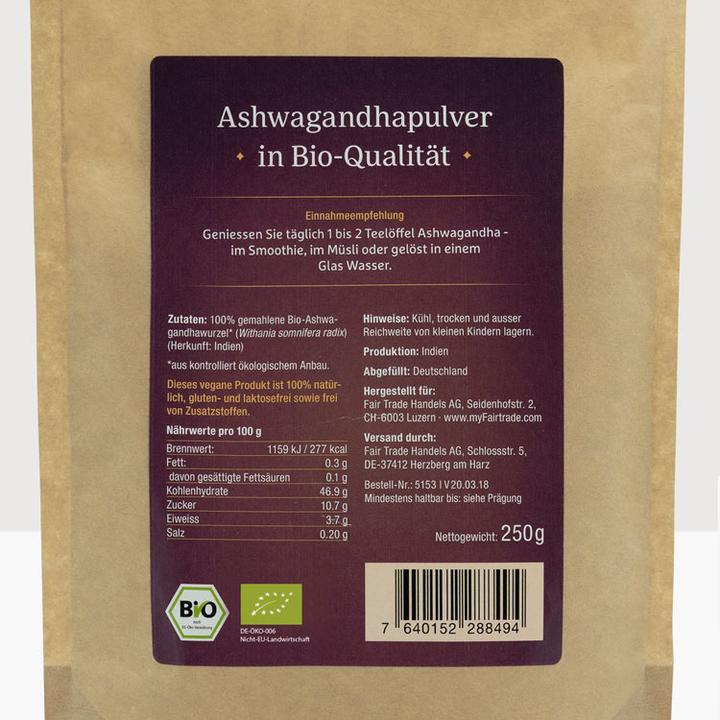 Nährwerte und Zutaten Effective Nature Bio Ashwagandha Pulver (Pulver, 250 g)