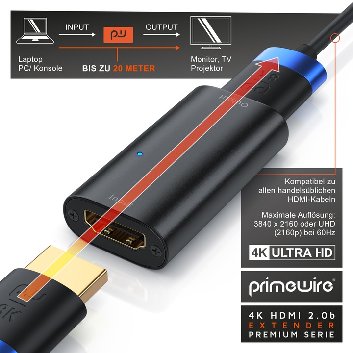 Produktbild Primewire 4K HDMI 2.0b Extender aktiver Verstärker, HDMI 2.0 Repeater Signalverstärker, bis zu 20m Entfernung
