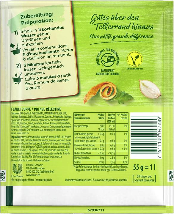 Valori nutrizionali e ingredienti Knorr Flädli soup bag, zuppa primaverile con pasta e verdure, fresca e leggera come la primavera