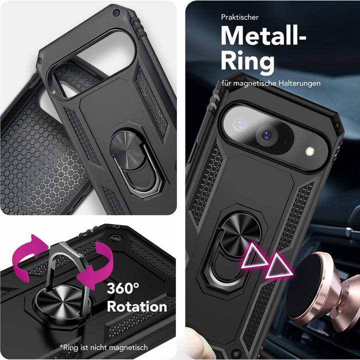 Produktbild Nalia RingDefend - Schwarze Panzerhülle mit 360-Grad Finger-Halter & Ständer - Military Style Cover (Google Pixel 9)