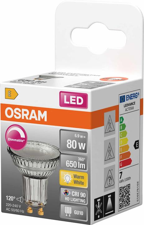 Actual product image Osram LED-Lampe SUPERSTAR, dimmbar, GU10, 6,9W, 2700K, EEK: E, 650lm, IP20, warmweiss (GU10, 6.90 W, 650 lm, 1 x, E)