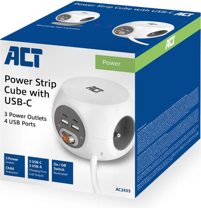 Productafbeelding ACT Stopcontact kubus (PDU) met 3 stopcontacten type E, USB-C/USB-A poorten, 1,5m (7 x, CEE 7/7, 1.50 m)