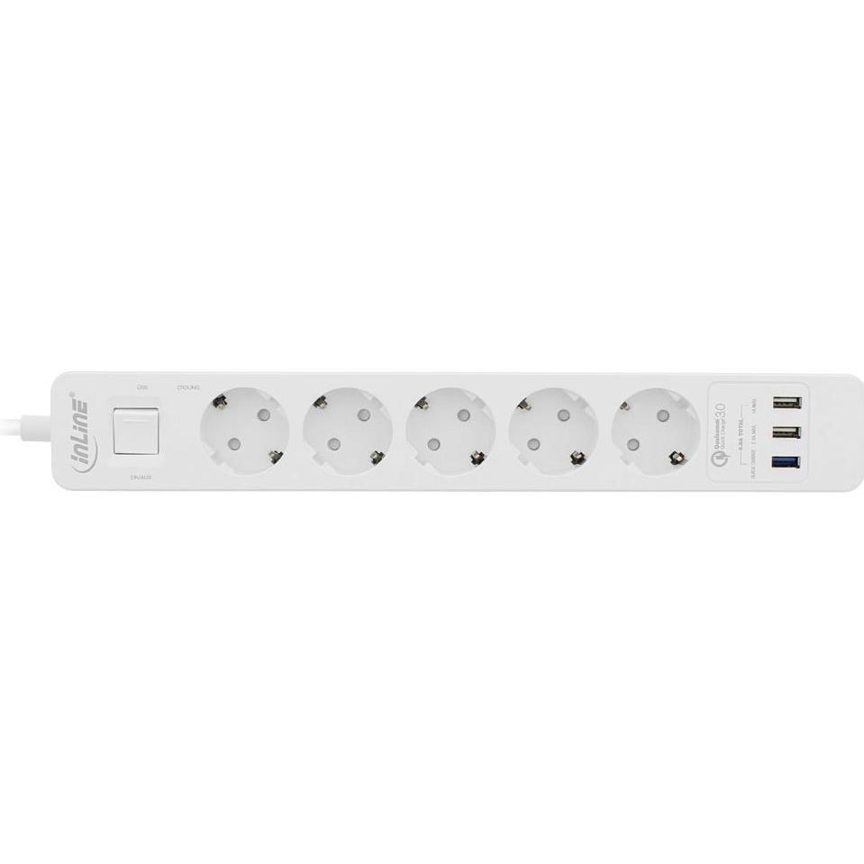 InLine, Steckdosenleiste, Steckdosenleiste 5-fach Schutzkontakt mit Ueberspannungsschutz und USB QuickCharge Schalter 1,...