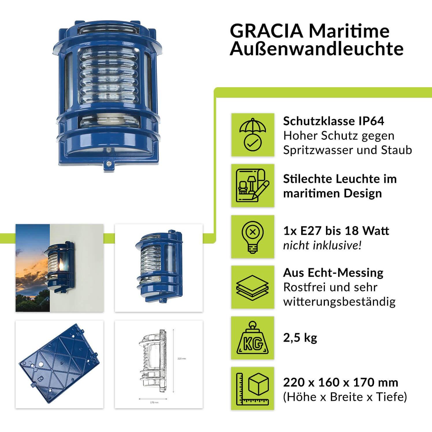 Thumbnail - Licht-Erlebnisse, Gartenbeleuchtung, Wandlampe Gracia Messing (E27, IP64)