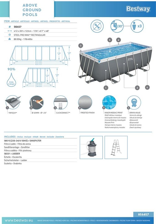 Immagine prodotto Bestway Set piscina fuori terra Power Steel Best way da 4,12 m x 2,01 m x 1,22 m (412 x 201 x 122 cm)