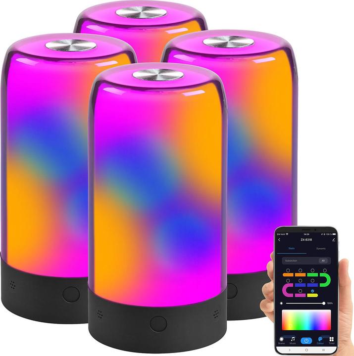 Produktbild Luminea 4er-Set smarte Stimmungsleuchten, RGB-IC-LEDs, 15 Modi, WLAN, schwarz