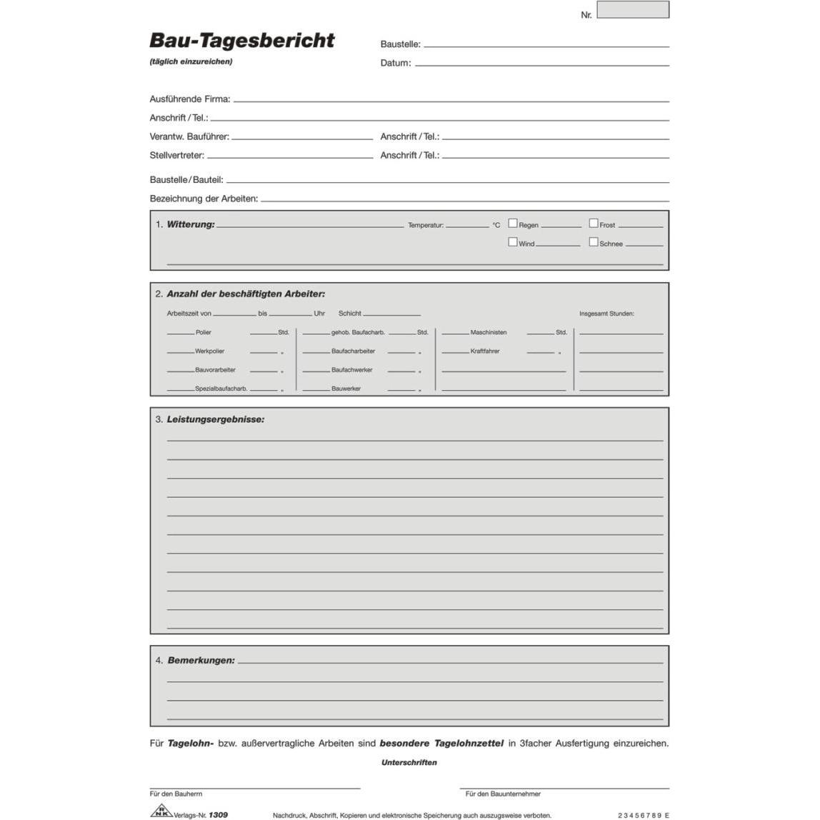 Rnk, Formular, Verlag Vordruck "Bau-Tagesbericht", SD, Block, DIN A4 (40 x)