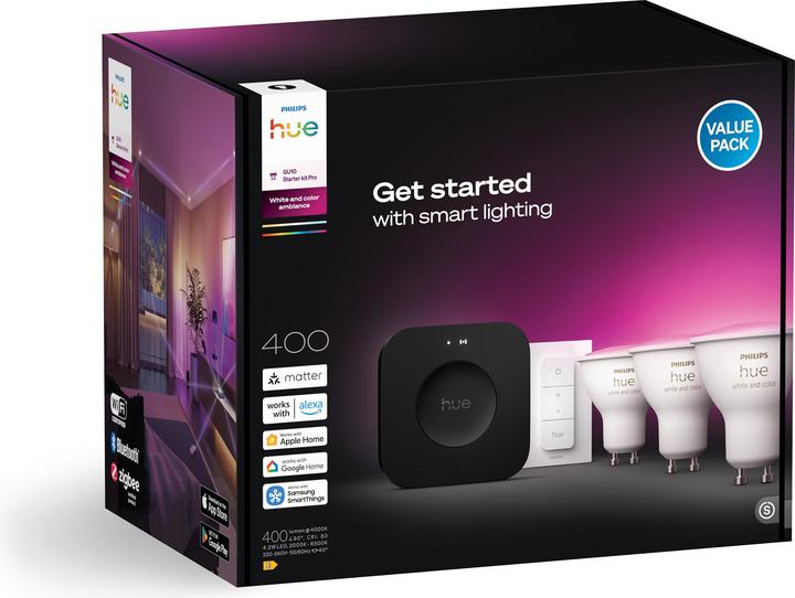 Produktbild Philips Hue Starter Kit Bridge Pro + LED White & Color Ambiance (GU10, 4.20 W, 400 lm, 3 x, E)