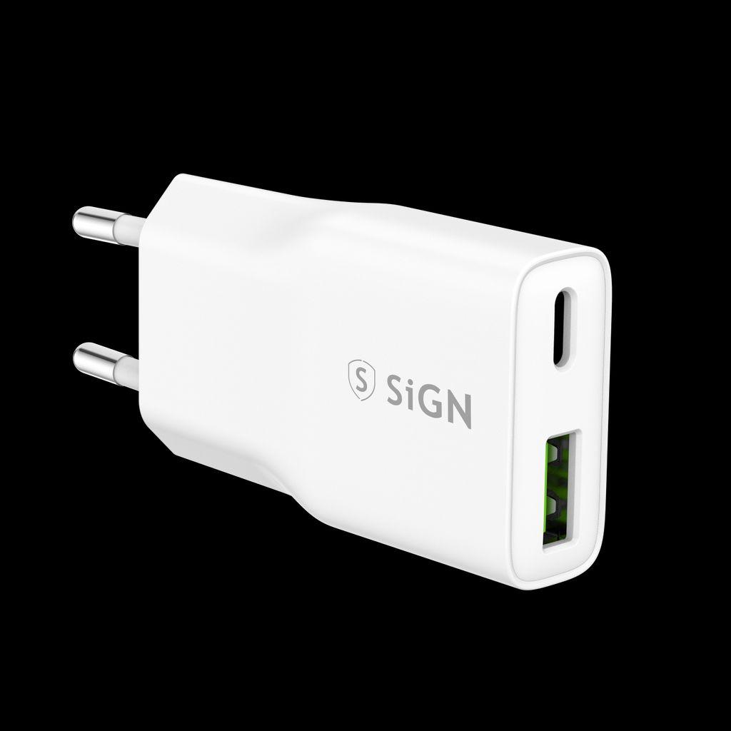 SIGN GaN Fast Charger USB-A & USB-C, PD & QC3.0, 3A, 20W – White (20 W), Caricatore USB, Bianco