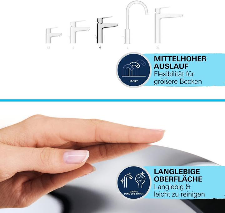 Actual product image Grohe Start QuickFix Lavaboarmatur, herausziehbare Auslauf, Push-Open Ablauf, M-Size, Chrom