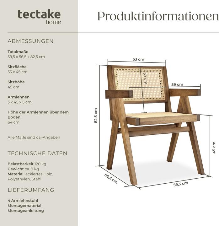 Immagine prodotto tectake Sedia da pranzo Lissy con intreccio viennese, capacità di carico 120 kg