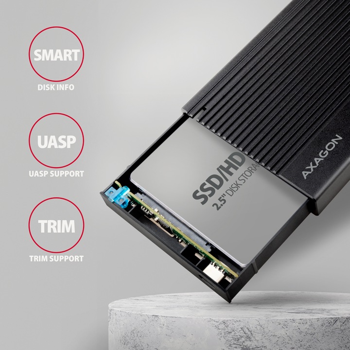 Actual product image Axagon EE25-GTR USB-C 3.2 Gen 2 - SATA 6G, 2.5" external hard drive enclosure, corrugated - black (2.5")