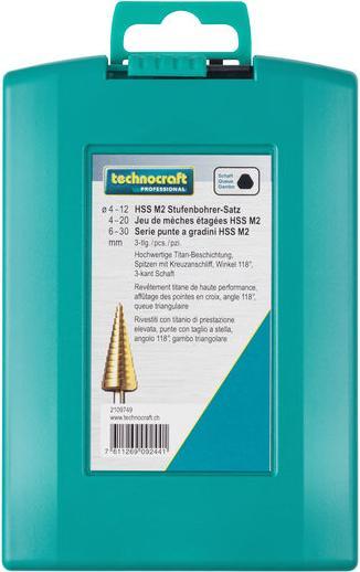 Actual product image technocraft HSS-G-M2 step drill bit set 3 pcs. (4-12mm, 4-20mm, 6-30mm)
