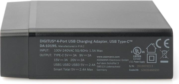 Produktbild Digitus 4-Port USB-Ladeadapter 72W 1x USB-C PD 5 9 15 20V/3A 3x USB-A 5V/2.4A schwarz (72 W, 4 Ports)