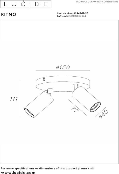 Produktbild Lucide RITMO - Plafondspot - Ã˜ 15 cm - 2xGU10 (MR11) - Zwart (GU10)