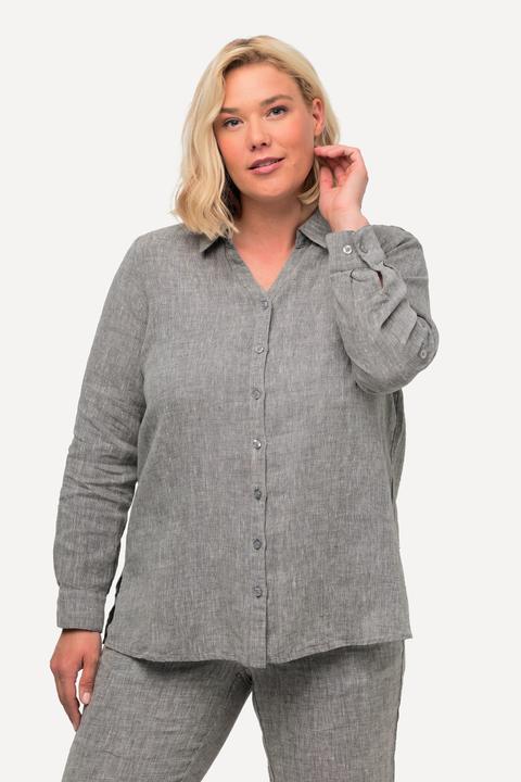 Actual product image Ulla Popken Roll-Tab Sleeve Button Front Linen Blouse (54, 56)