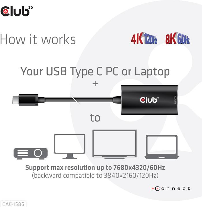 Produktbild Club 3D USB-Typ-C Gen2 auf HDMI™ 4K120Hz HDR10 mit DSC 1.2 aktiv St./B. (HDMI, 15 cm)