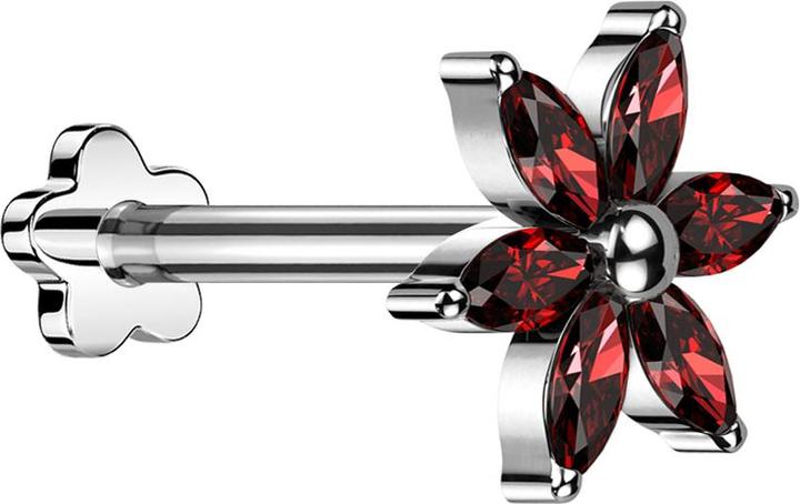 Image du produit Star Piercing Micro Threadless Labret Blume silber Blume silber Kristalle rot (sans laiton, Titane)