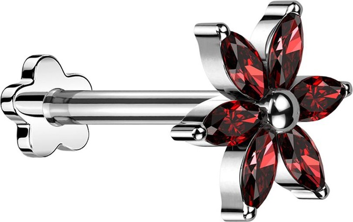 Produktbild Star Piercing Micro Threadless Labret Blume silber Blume silber Kristalle rot (Titan G23, ohne Messing)