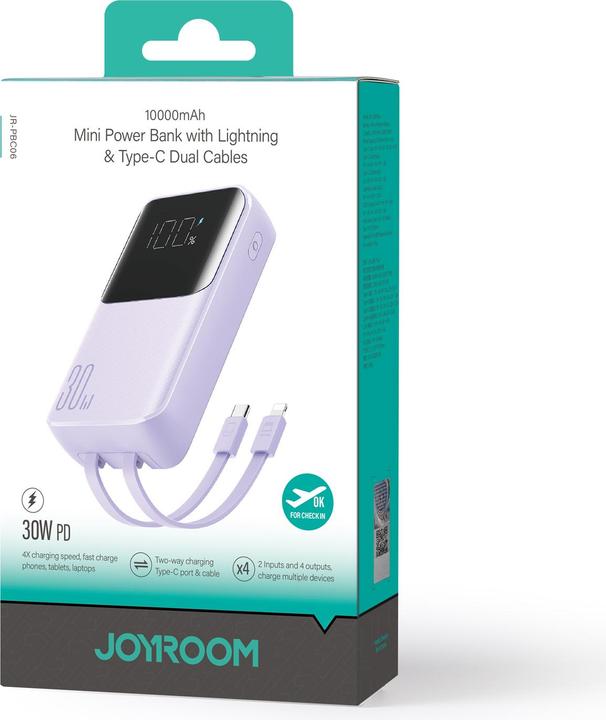 Actual product image Joyroom 30W 20000mAh mini Power Bank with built-in Cables, USB-A & USB-C - Purple (10000 mAh, 30 W, 37 Wh)