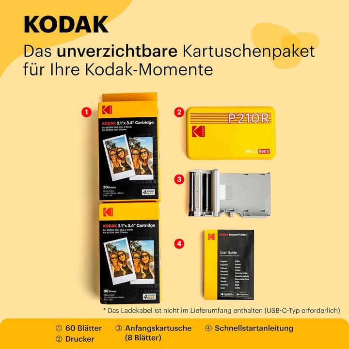 Produktbild Kodak MINI 2 RETRO P210RYK60 PORTABLE INSTANT PHOTO PRINTER BUNDLE 2.1X3.4 YELLOW (Farbe)