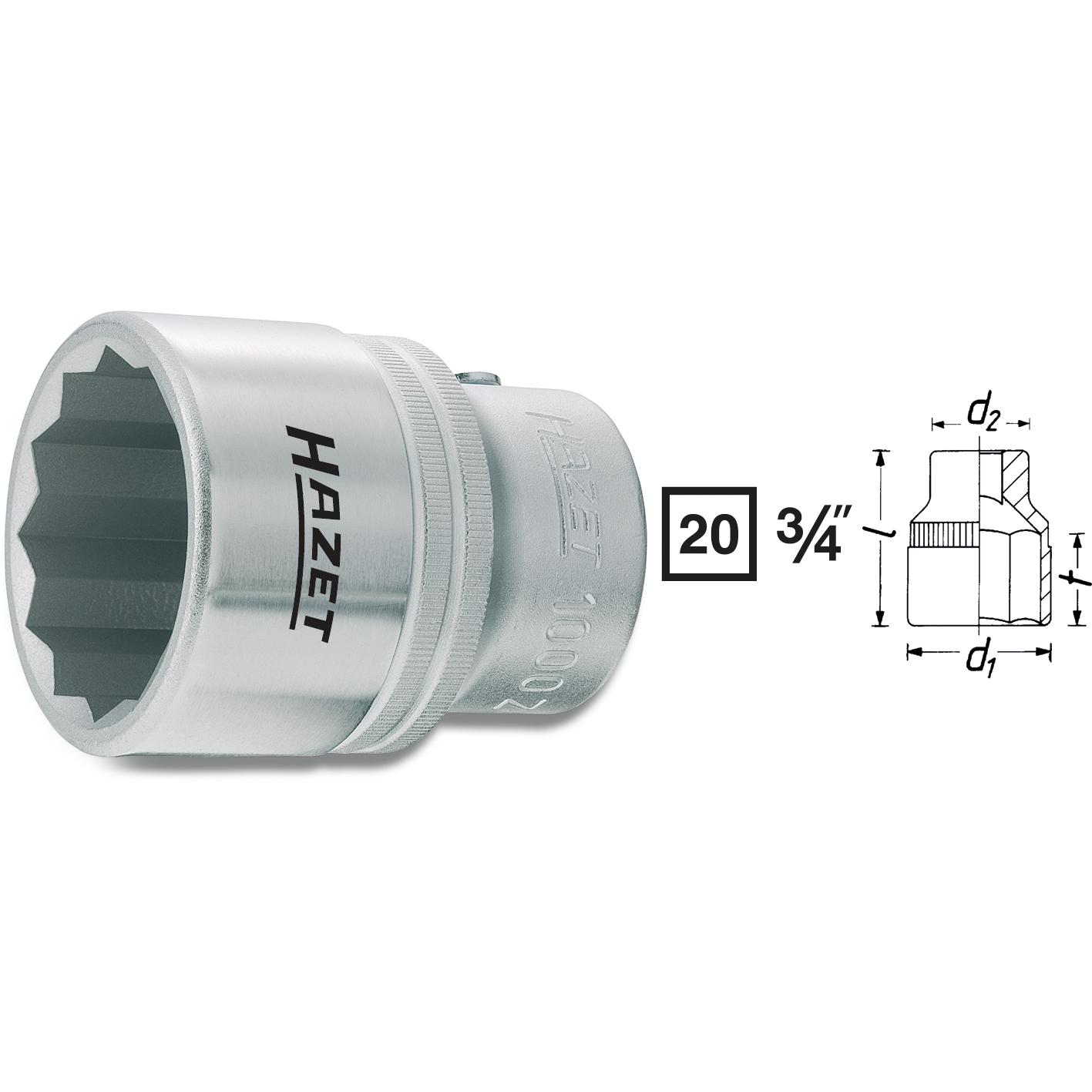 Thumbnail - HAZET, Steckschlüssel + Stecknuss, Steckschlüsseleinsatz ∙ Doppelsechskant 1000Z-38 ∙ Vierkant20 mm (3/4 Zoll) ∙ Aussen ...
