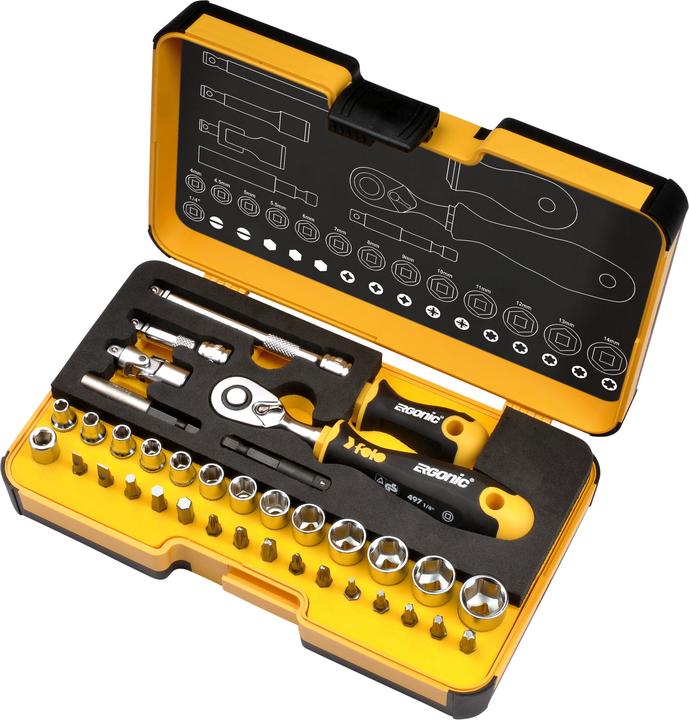 Felo R-GO XL Inch - Tool set with ERGONIC ratchet, accessories in XL strongbox 36 pcs. (36 pieces)