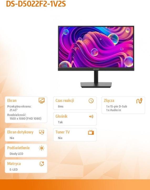 Image du produit Hikvision DS-D5022F2-1V2S Moniteur 54,61cm (21,5") (1920 x 1080 pixels, 21.50")