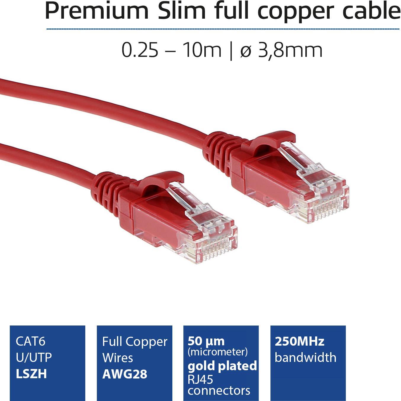 Thumbnail - ACT Red 1 meter LSZH U/UTP CAT6 datacenter slimline patch cable snagless with RJ45 connectors (U/UTP, CAT6, 1 m), Netzwe...