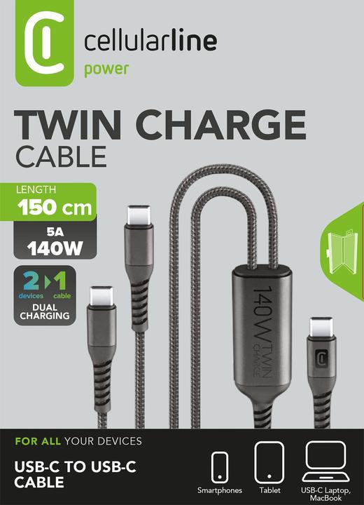Image du produit Cellularline CELLULAR LINE Twin Charge Cable USB-Kabel (USB C, 1.5 m, 140 W (1.50 m, 140 W)