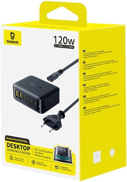Actual product image Baseus - Wall Charger EnerFill FH21 (E0120T) - 4x Type-C, 2x USB, 120W, GaN Technology, 1.5m - Black (120 W, 6 ports)
