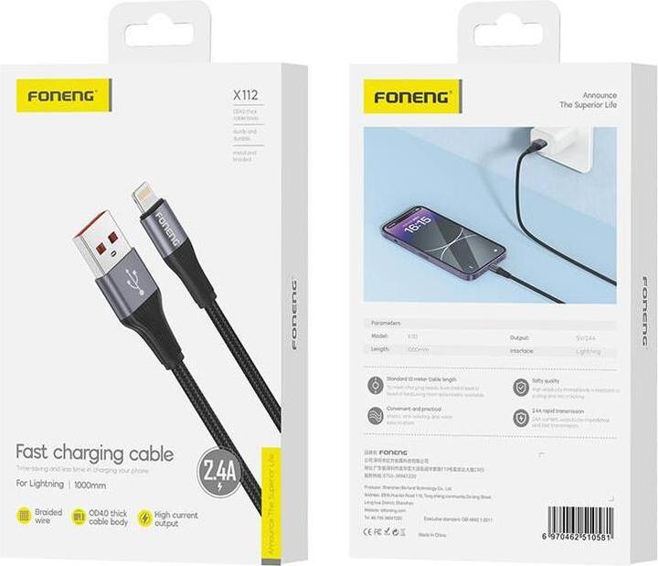 Image du produit Foneng X112 Câble USB-A vers Lightning 2.4A, 1m (noir) (1 m, USB 3.2 Gen 1)