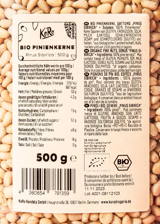Nährwerte und Zutaten KoRo Bio Pinienkerne (500 g)