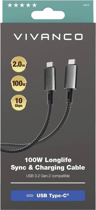 Produktbild Vivanco Longlife USB3.1 C-C Kabel, Metallstecker u. Nylon- geflecht, 5A / 100W, schwarz, 2,0m (2 m, USB 3.1, 100 W)