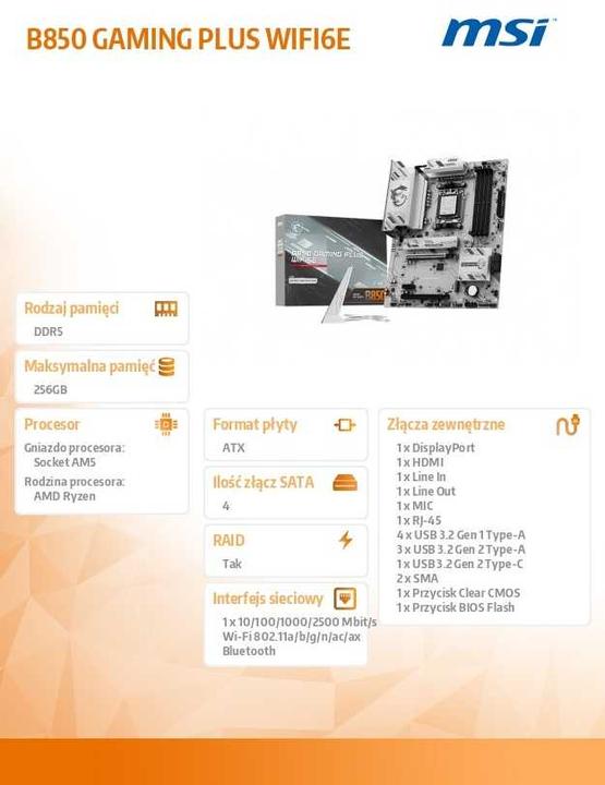 Produktbild MSI B850 Gaming Plus WIFI6E (AM5, AMD B850, ATX)