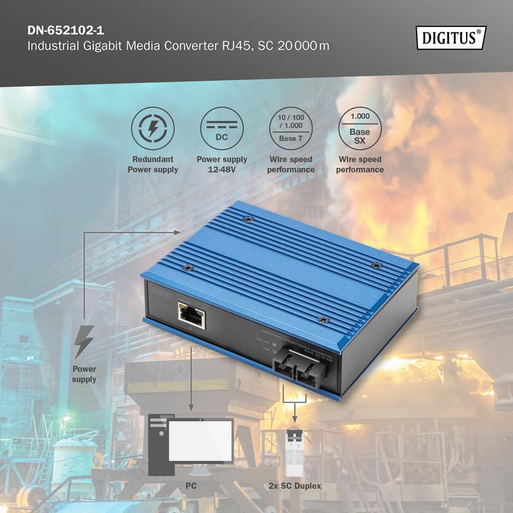 Image du produit Digitus Industrial Gigabit Media Converter RJ45, SC 20 km
