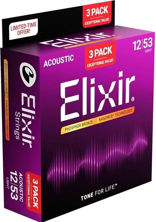 Elixir 16569 - Phosphor Bronze - Akustiske strenge - Nanoweb - Light (12-53) - 3-pak (6x, Guitar, 0.05")