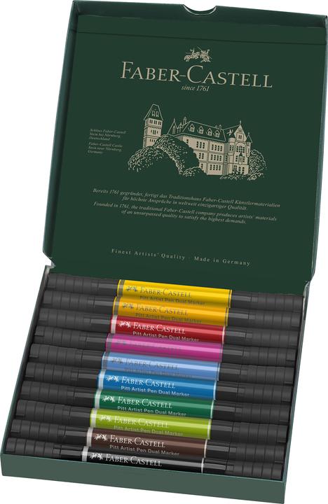 Produktbild Faber-Castell Tuschestift (#120 Ultramarine, #125 Middle Purple Pink, #175 Dark Sepia & #199 Black, #107 Cadmium Yellow, #219 Deep Scarlet Red, #109 Dark Chrome Yellow, #170 May Green, 10 x)