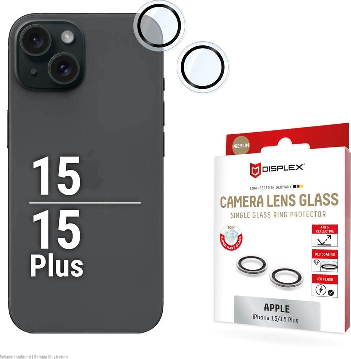 Productafbeelding Displex Premium Camera Lens Glass, Kamera Schutzglas, Einzelringe (1 Stuk, Apple iPhone 15, Apple iPhone 15 Plus)