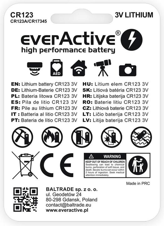 Actual product image Everactive CR123 Lithium Photo (CR17345) - Batterie (1 pcs., RCR123A, 1500 mAh)