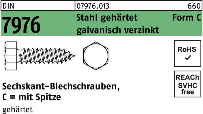 Produktbild Blechschraube DIN 7976 m.Sechskant/Spitze C 5,5 x 13 Stahl gehärtet galvanisch verzinkt (500 Schrauben pro Stück)