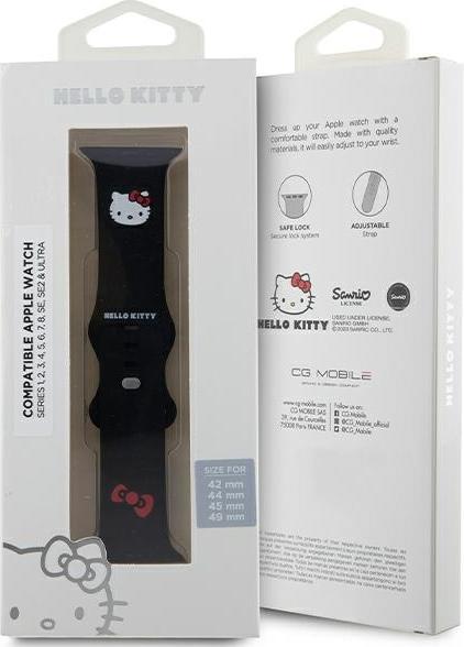 Immagine prodotto Hello Kitty Pasek HKAWLSCHBLK Apple Watch 42/44/45/49mm czarny/cinturino nero Silicone Kitty Head (Acciaio inossidabile, Silicone, TPU)