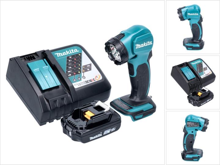 1x lampada portatile Makita DEADML 815 LED, 1x batteria Makita BL 1820 B 18 V 2.0 Ah, 1x caricabatterie Makita DC 18 RC