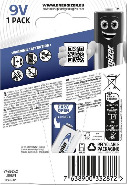 Image du produit Energizer L522 (1 pcs, 9V Block, 750 mAh)