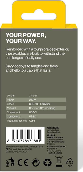 Produktbild Aqiila Cablebird CB13 - USB-C to USB-C Braided cable, 240W (3m) - Black (3 m, USB 2.0, 240 W)