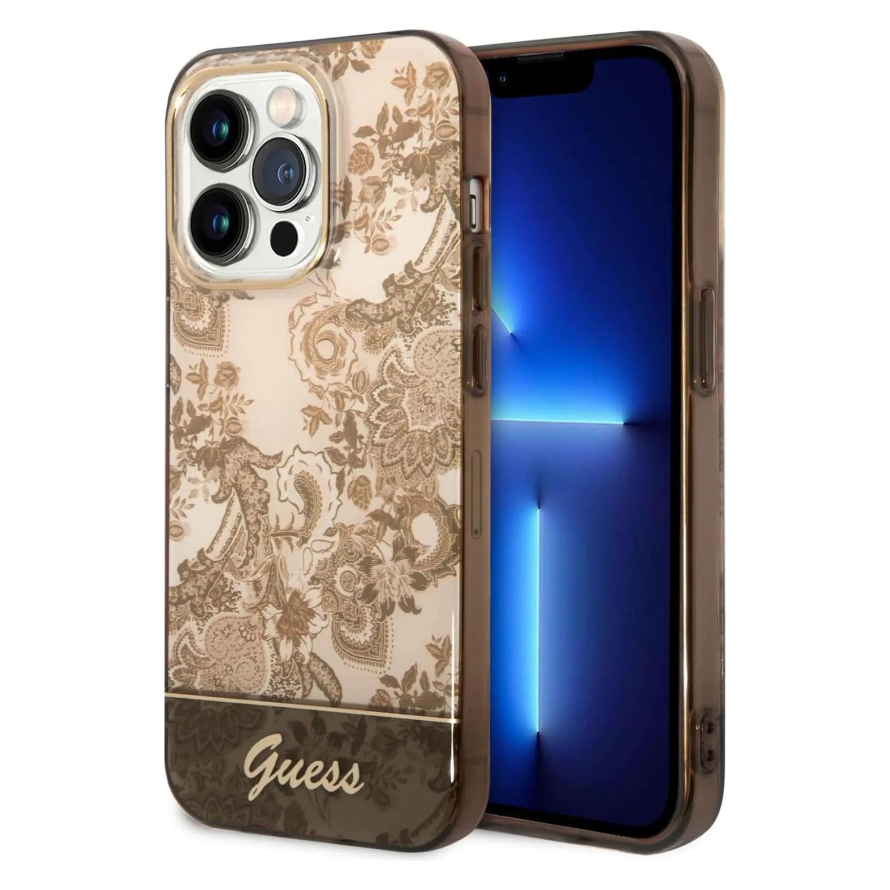 Guess GUHCP14XHGPLHC IPhone 14 Pro Max 6, 7" Ochre Hardcase Porcelain Collection (Apple IPhone 14 Pro Max), Smartphone Hülle, Braun