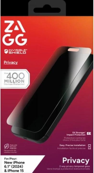Actual product image Zagg InvisibleShield Glass Elite Privacy Apple iPhone 16/15 Screen (1 pcs., Apple iPhone 15, Apple iPhone 16)